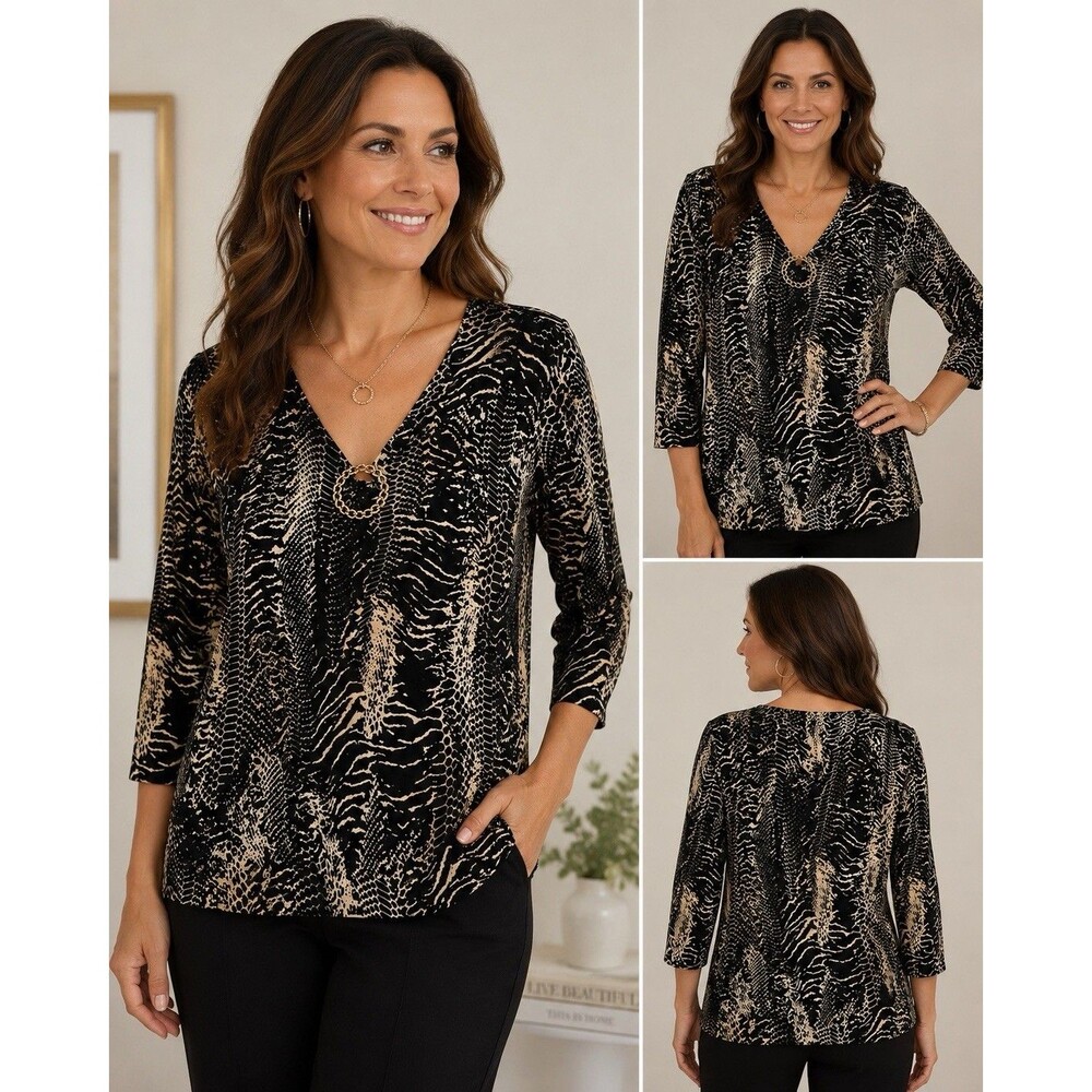 August Silk Viscose Silk Blend Animal Print Top V Neck Ring Detail Size Large